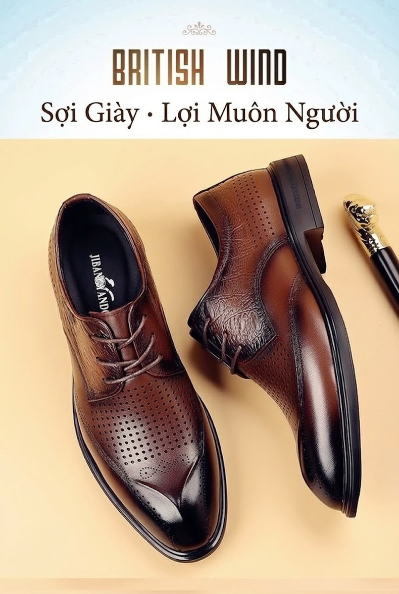 Giày Tây Đục Lỗ Nam Da Bò Chiều Cao Đế Khoảng 3cm Màu Đen, Nâu chi tiết 1