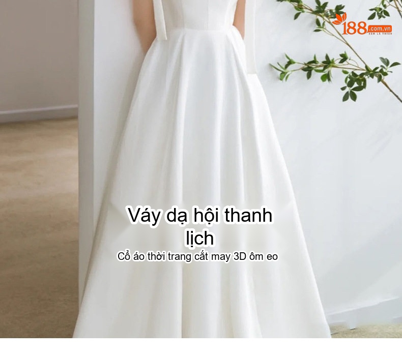 Váy Cưới Nhẹ Dáng Dài Hở Vai Dây Buộc Lụa Satin Đi Tiệc Trắng chi tiết 2
