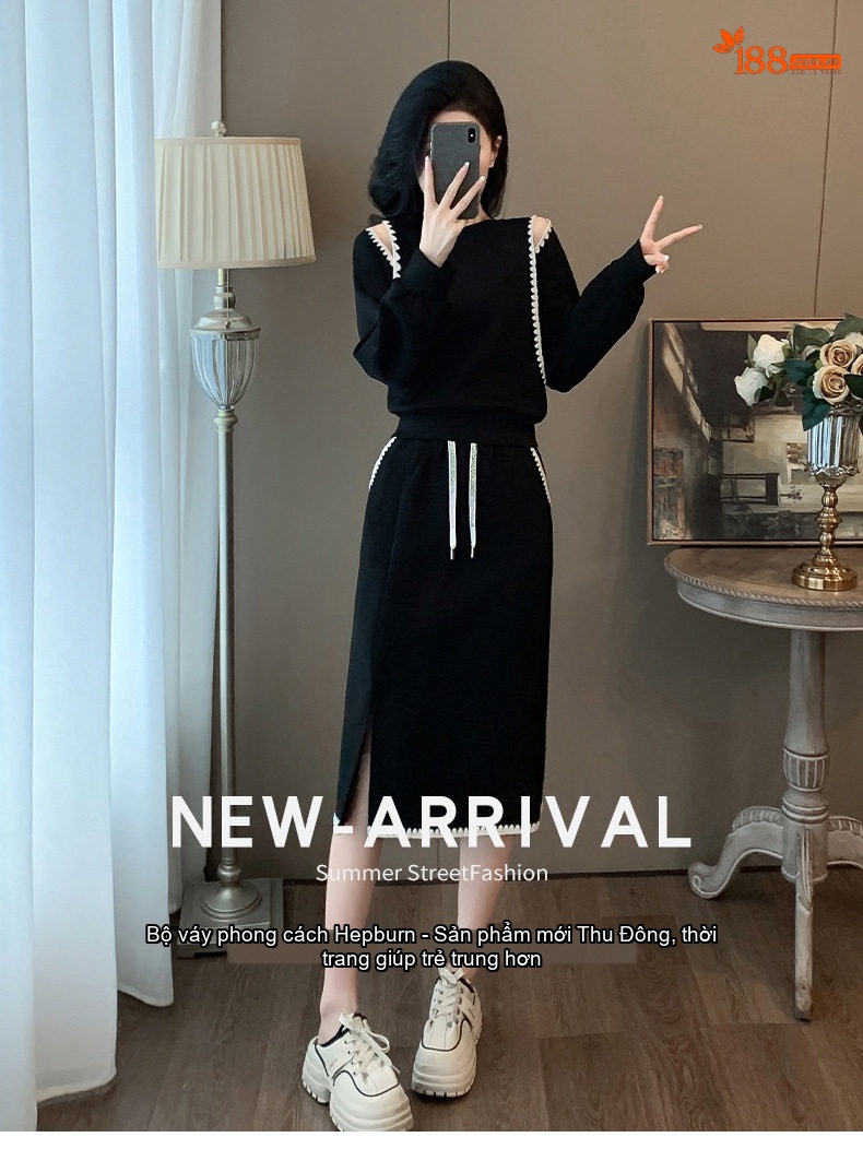Set Bộ Áo Croptop Tay Dài Hở Vai và Chân Váy Dáng Ôm Xẻ Tà Phong Cách Tiểu Thư Màu Đen chi tiết 17