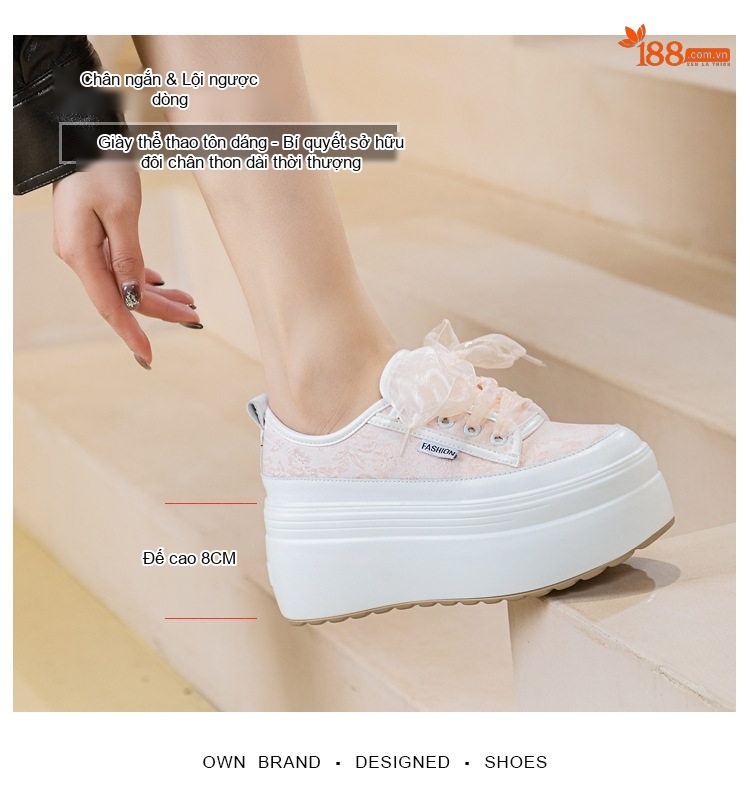 Giày Sneaker Nữ Đế Bánh Mì Chiều Cao Đế Khoảng 5cm Dây Ruy Băng Phong Cách Trung Hoa Màu Trắng, Hồng chi tiết 2