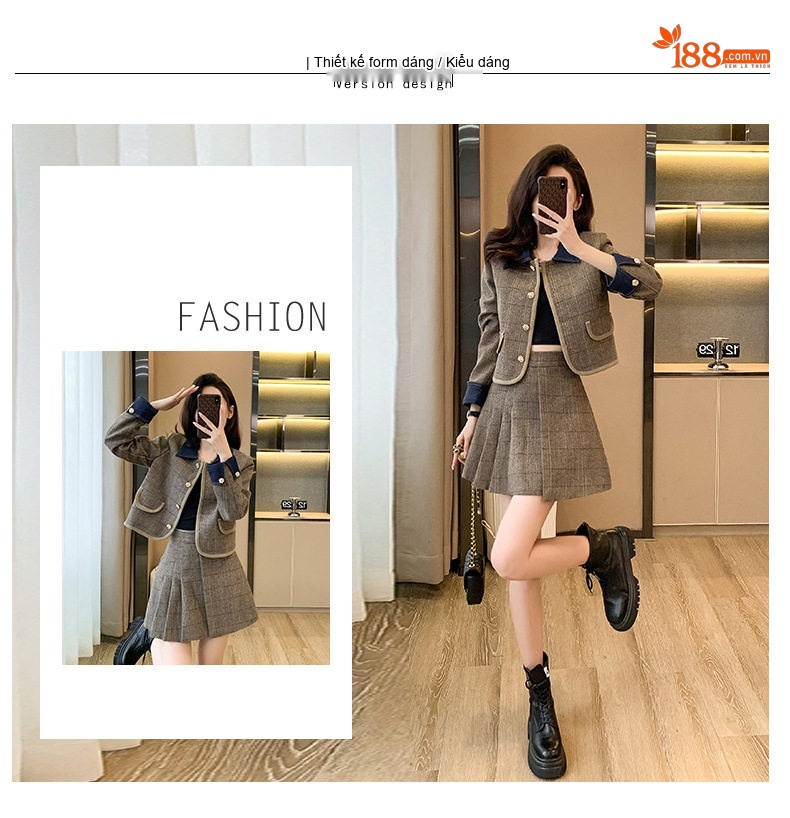 Set Áo Khoác Ngắn Nữ Kẻ Caro Cổ Điển và Chân Váy Xếp Ly Màu Nâu chi tiết 2