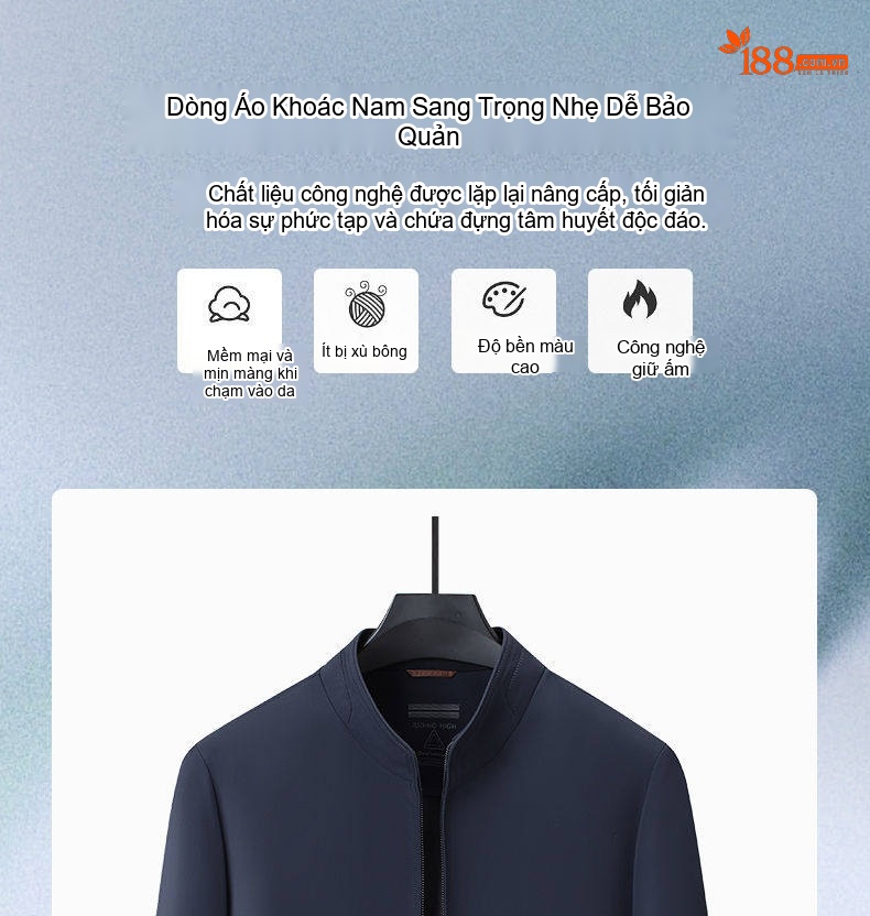 Áo Khoác Nam Mỏng Cổ Trụ Dáng Suông Phong Cách Lịch Sự Màu Xanh Navy, Kem chi tiết 1