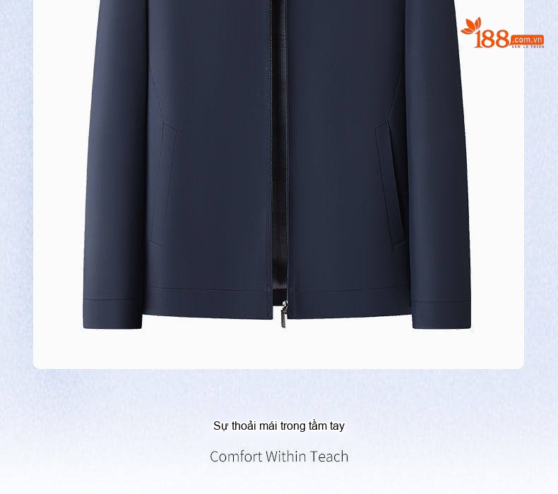 Áo Khoác Nam Mỏng Cổ Trụ Dáng Suông Phong Cách Lịch Sự Màu Xanh Navy, Kem chi tiết 2