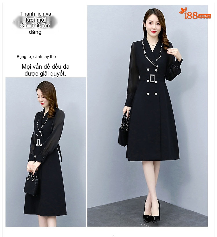 Váy liền thân Nữ Thu Đông dáng chữ A Cổ Bẻ Tay Lỡ Chiết Eo Qua Gối Phong Cách Quý Cô Màu Trắng, Đen chi tiết 4