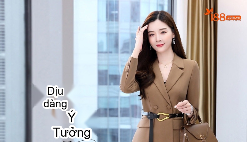 Bộ Vest Blazer Nữ Chân Váy Lưới Dáng Dài Thời Trang Thu Đông Màu Nâu, Đen, Xanh, Cam chi tiết 2