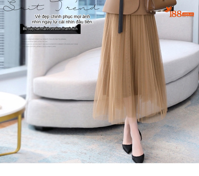 Bộ Vest Blazer Nữ Chân Váy Lưới Dáng Dài Thời Trang Thu Đông Màu Nâu, Đen, Xanh, Cam chi tiết 3