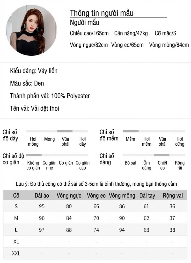 Váy Ôm Body Nữ Dài Tay Lưới Gợi Cảm Màu Đen chi tiết 2