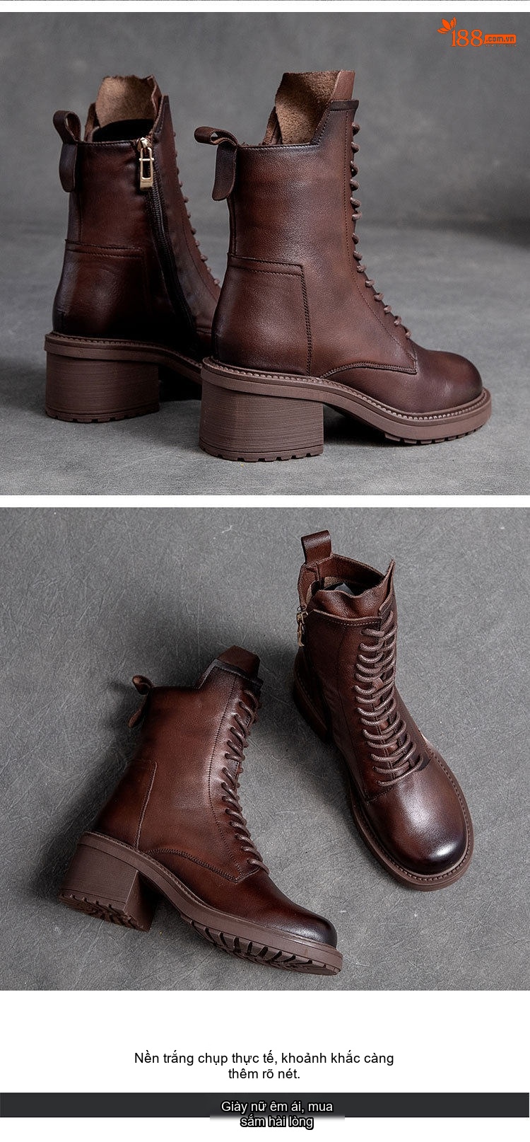 Boot Martin Nữ Da Bò Gót Vuông Chiều Cao Đế Khoảng 5cm Khóa Kéo Bên Hông Màu Đen, Nâu chi tiết 14