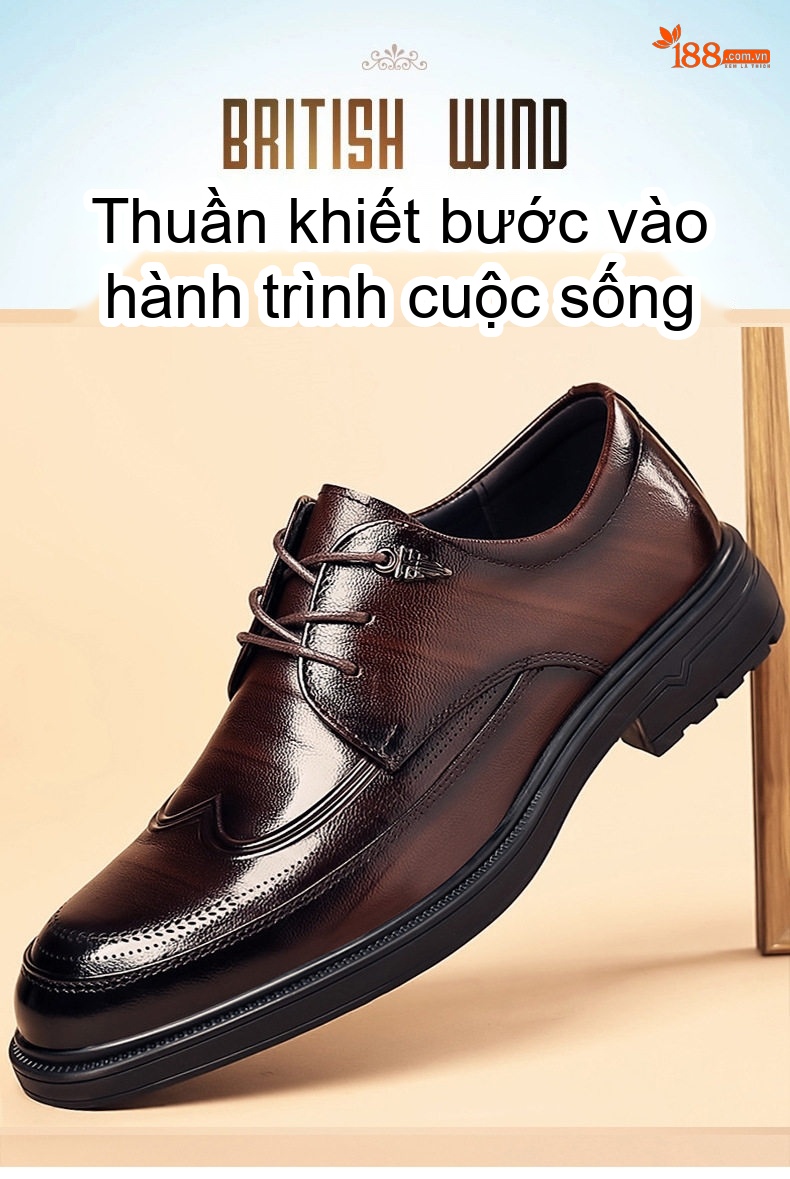Giày Tây Đầu Tròn Nam Da Bò Chiều Cao Đế Khoảng 3cm Màu Đen, Nâu chi tiết 1