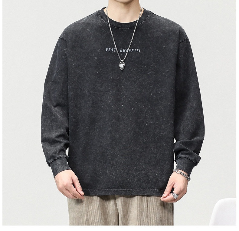 Áo Thun Tay Dài Nam Cotton Form Rộng Cổ Tròn Phong Cách Retro Màu Nâu, Xám chi tiết 2