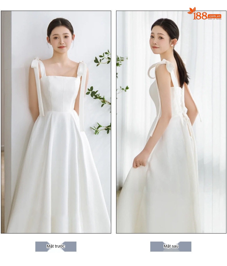 Váy Cưới Nhẹ Dáng Dài Hở Vai Dây Buộc Lụa Satin Đi Tiệc Trắng chi tiết 5
