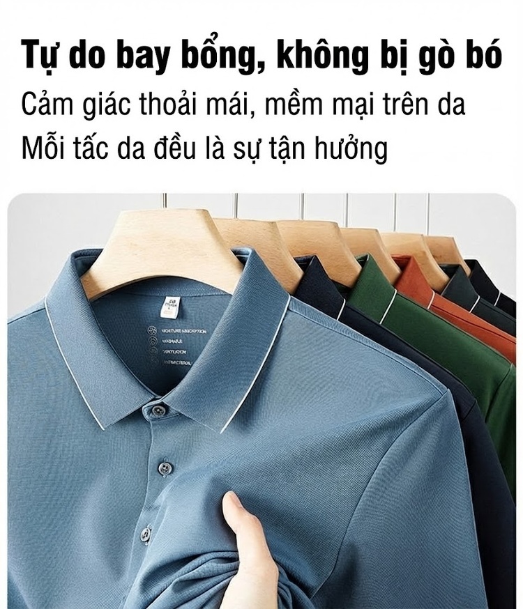 Áo Polo Nam Thương Mại Công Sở Cotton Lụa Tằm Không Nhăn Màu Đen, Xanh, Cam... chi tiết 4