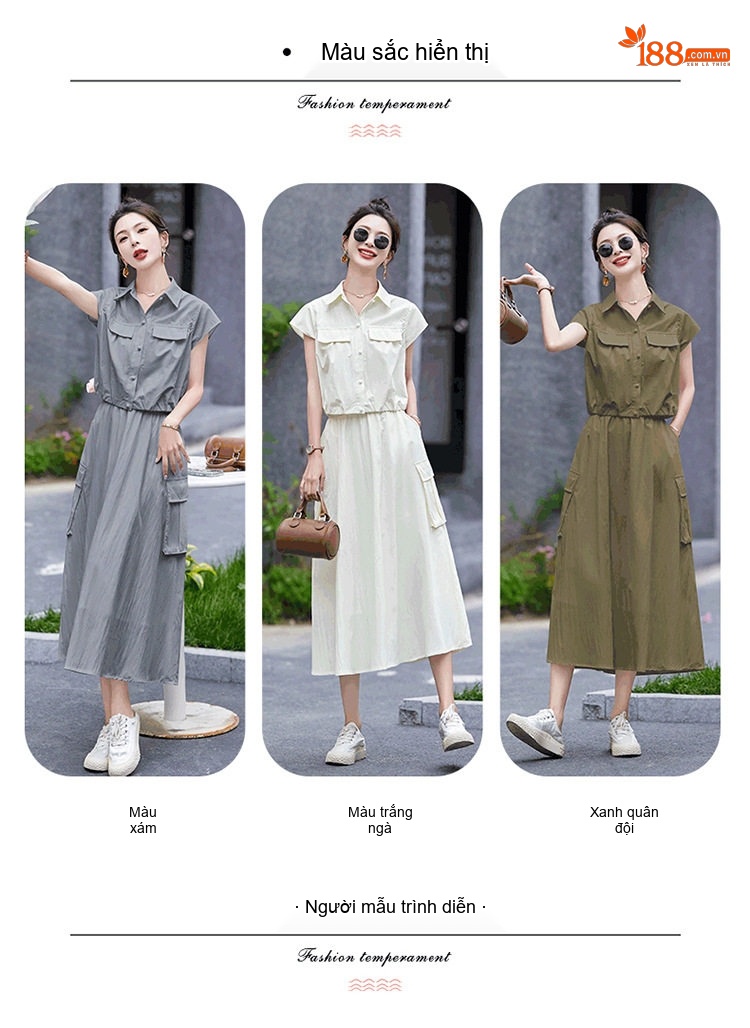Set Bộ Áo Croptop Tay Ngắn Và Chân Váy Công Sở Dáng Dài Xòe Phong Cách Hàn Quốc Màu Xám, Kem, Xanh Olive chi tiết 10