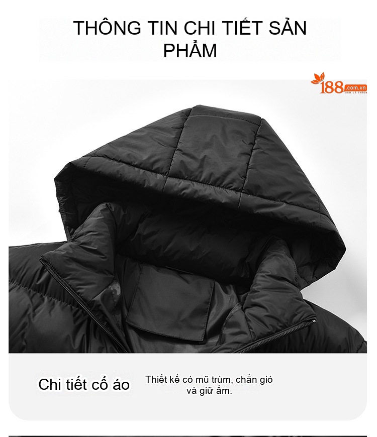 Áo Khoác Phao Nam Cotton Dáng Rộng Có Mũ Trùm Đầu Màu Xanh Olive, Đen, Xanh Navy, Xám chi tiết 26