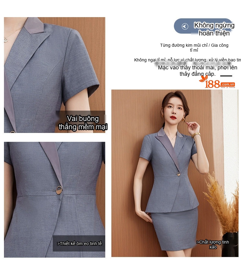 Bộ Vest Công Sở Nữ Tay Ngắn Quần/Chân Váy Màu Xanh Navy, Xám, Đen chi tiết 5