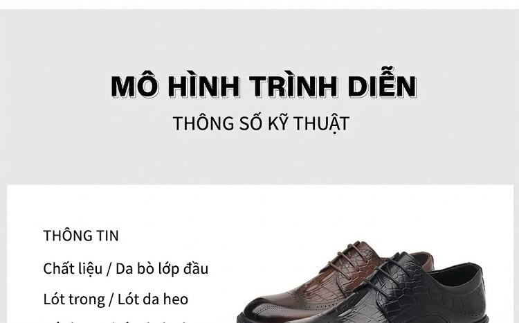 Giày Tây Buộc Dây Nam Da Bò, Kiểu dáng Brogue, Chiều Cao Đế Khoảng 3cm Màu Nâu, Đen chi tiết 7