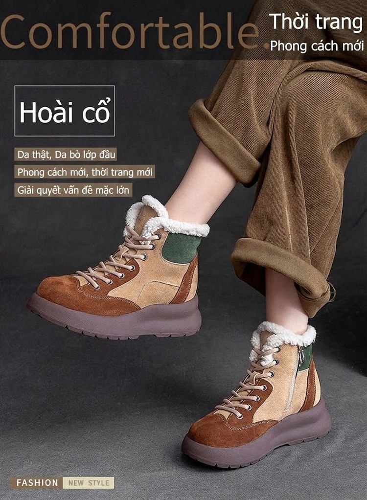 Boot Nữ Cổ Lông Đế Dày Phối Màu Chiều Cao Đế Khoảng 5cm Màu Nâu, Be, Xanh Lá chi tiết 1