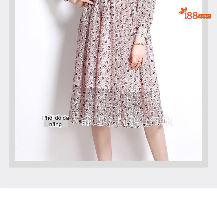 Váy Dài Tay Nữ Dáng Xòe Cổ Điển Pháp Thắt Eo Họa Tiết Ren Màu Nâu, Hồng chi tiết 6