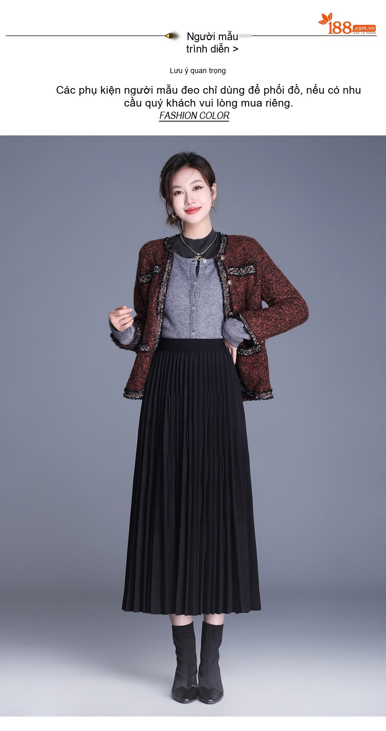 Chân Váy Nữ Lưng Thun dáng chữ A Dài Qua Gối Xếp Ly Chất Liệu 毛呢 (Mao Ni) Màu Đen, Nâu, Xám chi tiết 13