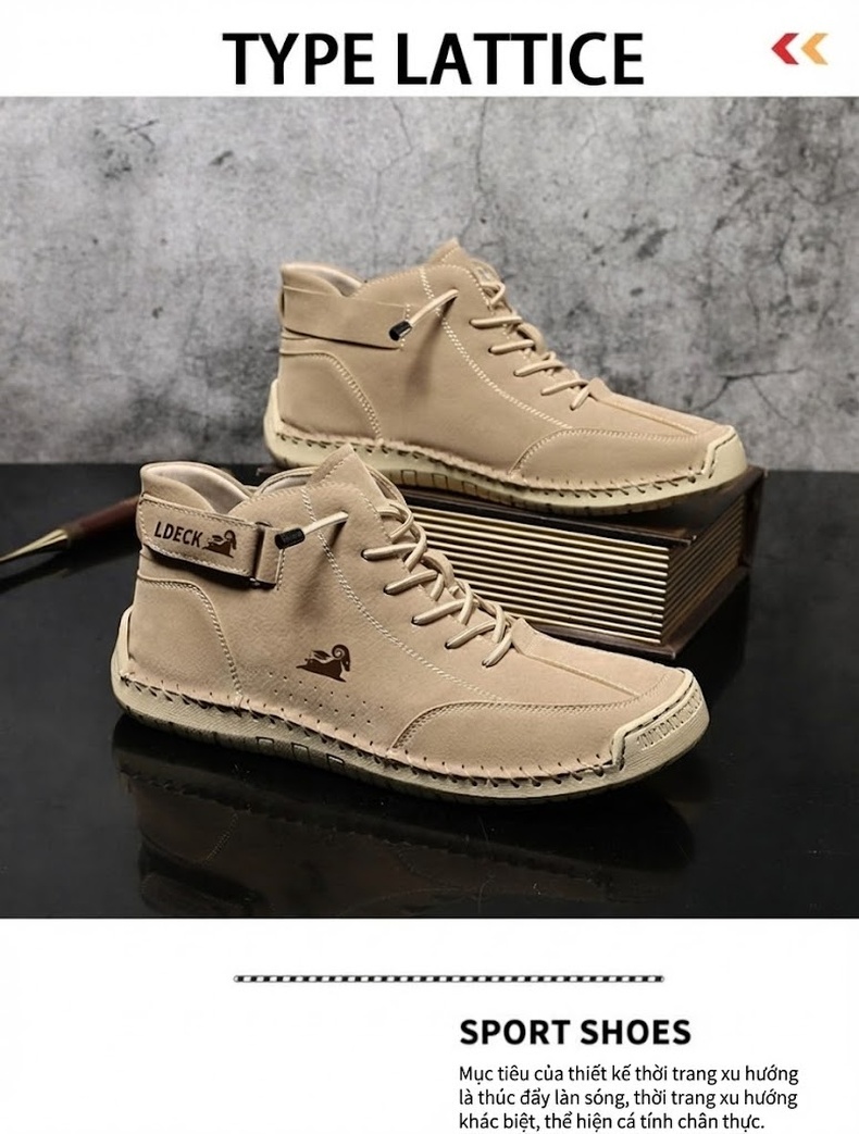 Giày Martin Cổ Cao Nam Khâu Tay Thủ Công Phong Cách Casual Chiều Cao Đế Khoảng 3cm Màu Be, Đen, Xám chi tiết 5