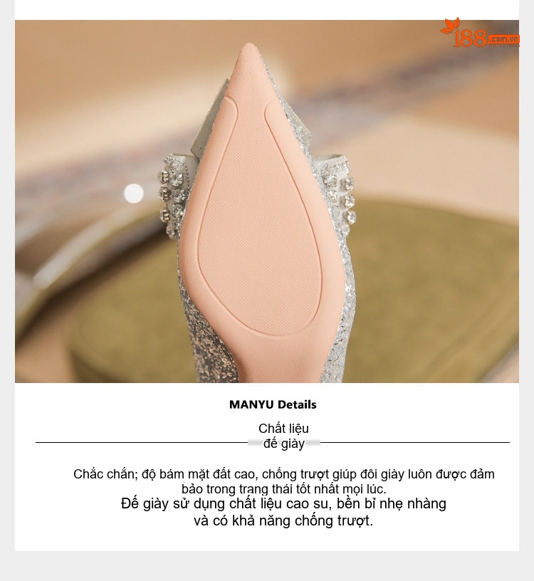 Giày Cao Gót Nữ Mũi Nhọn Đính Đá Hình Nơ Chiều Cao Đế Khoảng 8cm Màu Bạc chi tiết 8