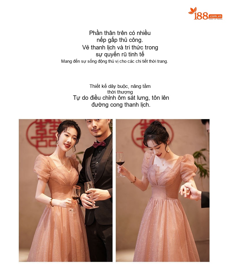 Váy Dạ Hội Dáng Dài Tay Bồng Xòe Công Chúa Mặc Hàng Ngày Dự Tiệc Cưới Màu Hồng chi tiết 3