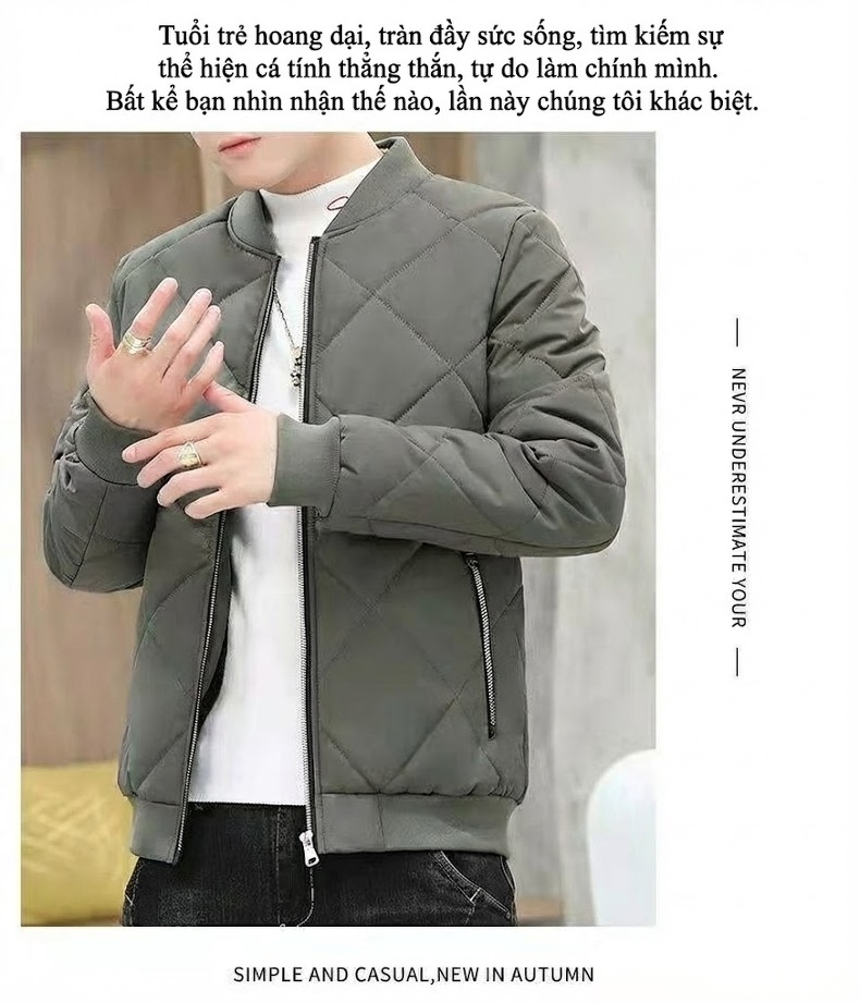 Áo Khoác Phao Nam Cotton Dày Dặn Lót Lông Cừu Giữ Ấm Kiểu Bomber Màu Đen, Xám, Kem chi tiết 22