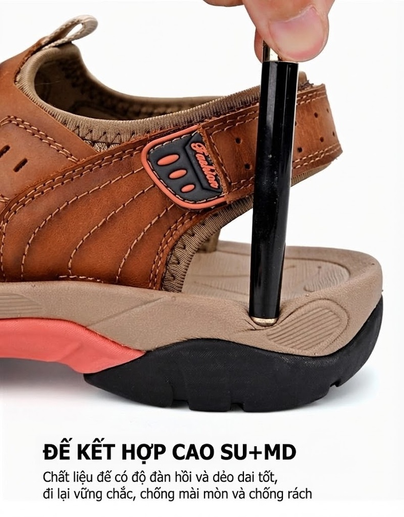 Dép Sandal Nam Da Thật Bít Mũi Thoáng Khí Chiều Cao Đế Khoảng 3cm Màu Nâu, Xám, Đen chi tiết 15