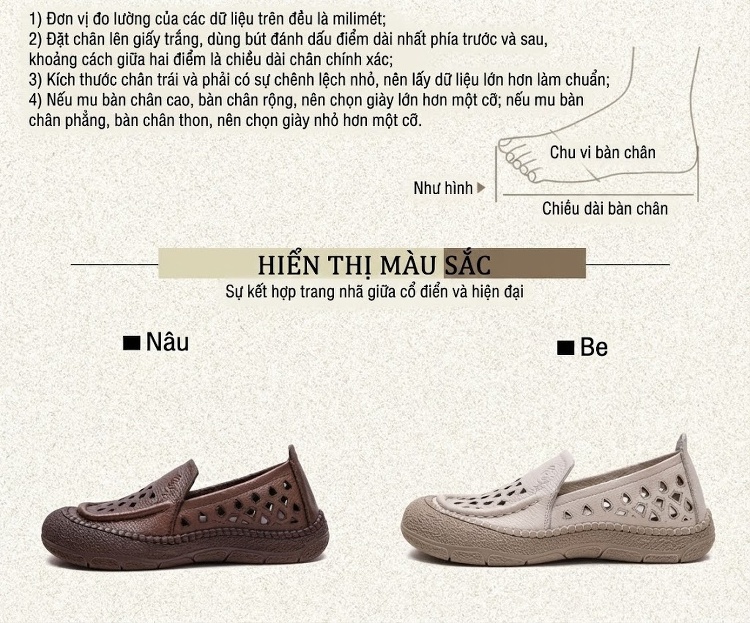 Giày Lười Nữ Da Mờ Thoáng Khí Đục Lỗ Chiều Cao Đế Khoảng 2cm Phong Cách Vintage Màu Kem, Nâu chi tiết 3