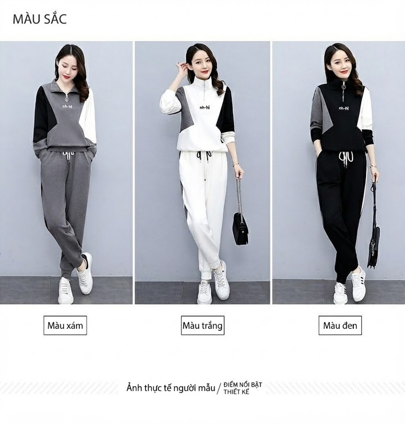 Bộ Đồ Nữ Thu Đông Áo Hoodie Quần Jogger Bo Gấu Phong Cách Thời Trang Trẻ Trung Màu Đen, Xám, Trắng chi tiết 12
