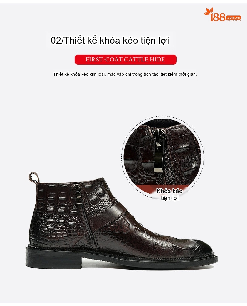 Boot Nam Da Thật Vân Cá Sấu Cổ Cao Khóa Hông Chiều Cao Đế Khoảng 3cm Màu Đen, Nâu chi tiết 9