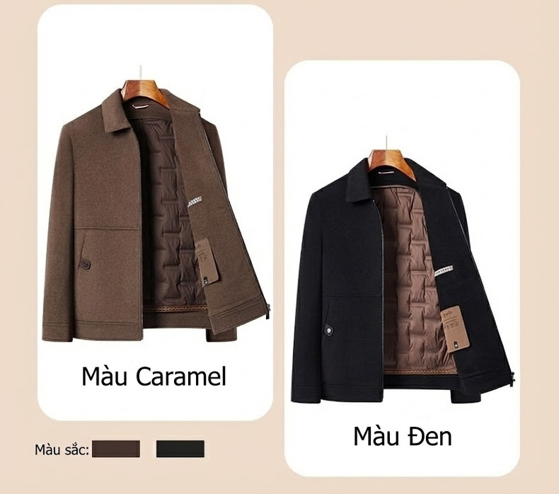 Áo Khoác Nam Trung Niên Lót Lông Vũ Tháo Rời, Dệt Kim Màu Nâu, Đen chi tiết 3