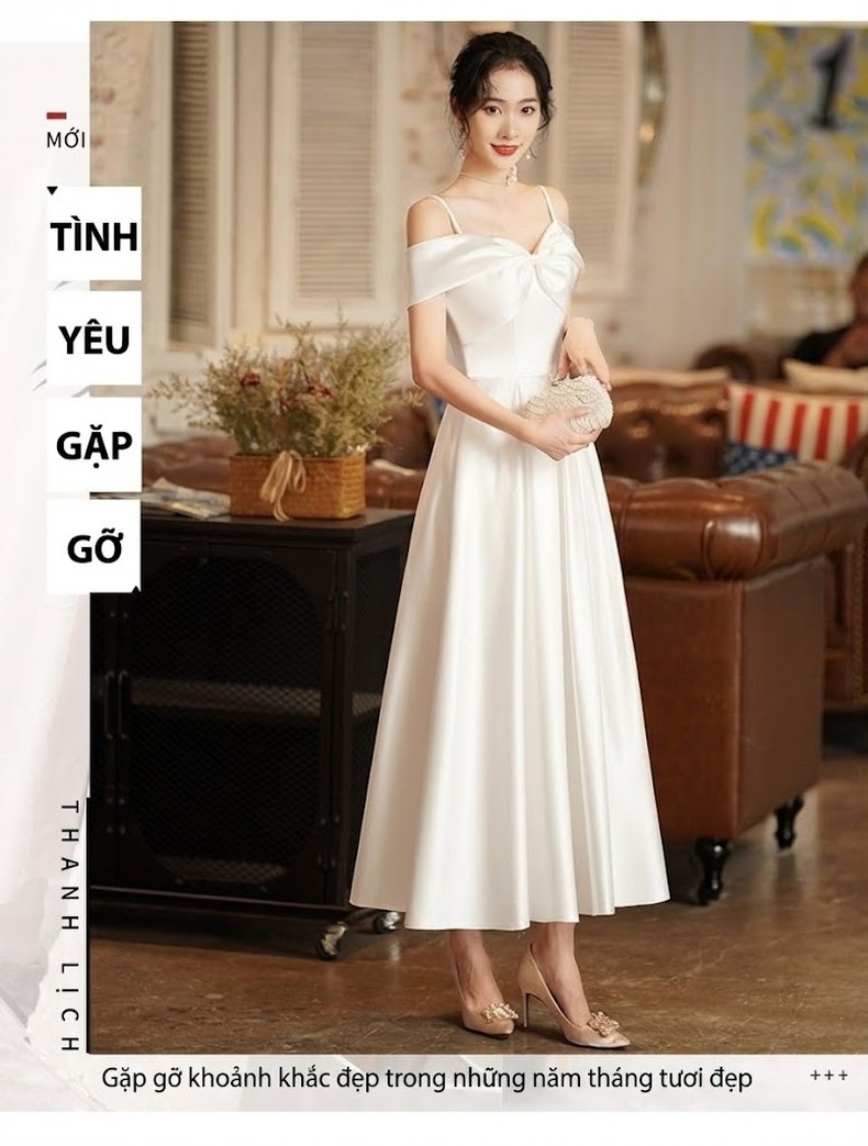 Váy Dạ Hội Nữ dáng chữ A, Hở Vai, Dây Treo, Kiểu Pháp Màu Trắng chi tiết 2