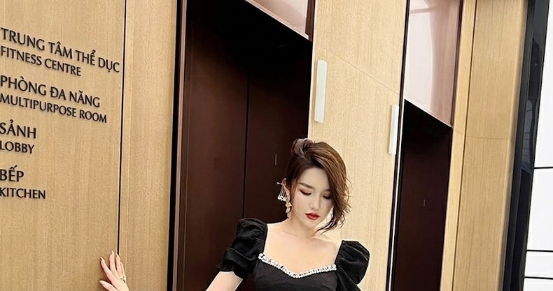 Váy Đầm Nữ Jacquard Thiết Kế Cổ chữ Vuông Tay Bồng Đính Hạt Phong Cách Tiểu Thư Màu Đen chi tiết 20