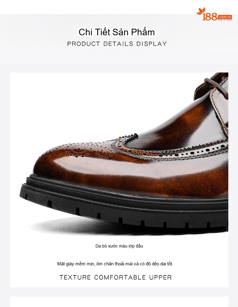 Giày Tây Brogue Nam Da Bò Bóng Chiều Cao Đế Khoảng 4cm Màu Nâu, Đen chi tiết 4