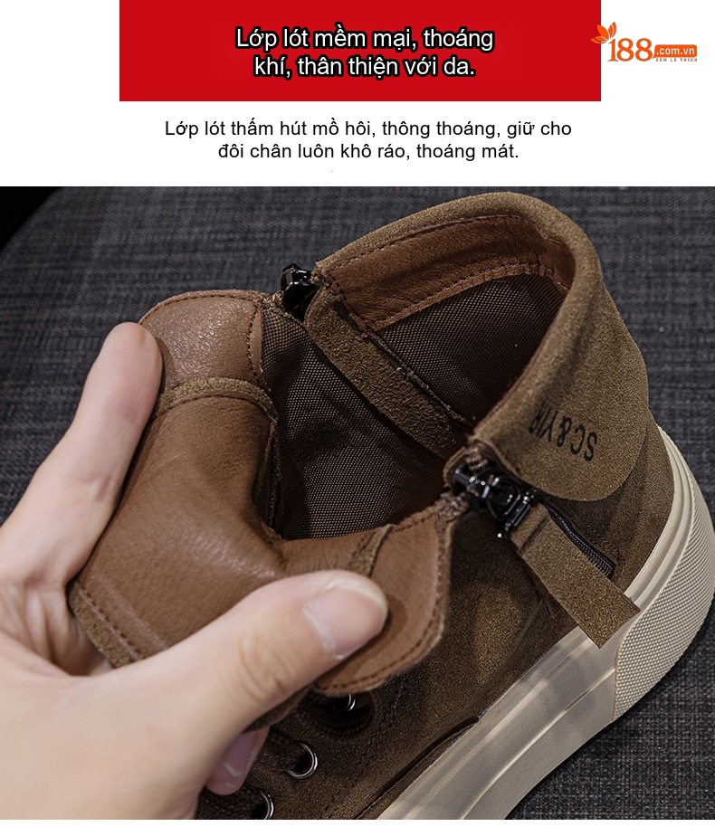 Giày Sneaker Nữ Cổ Cao Đế Dày Da Mờ Chiều Cao Đế Khoảng 4cm Màu Nâu, Kem, Đen chi tiết 9