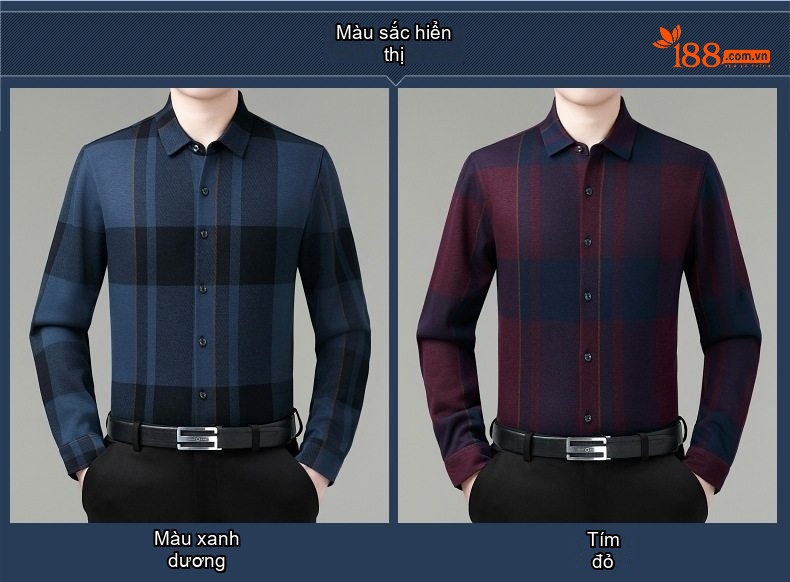 Áo Sơ Mi Nam Lông Chồn Dệt Kim Caro Chống Nhăn Giữ Ấm Màu Xanh Navy, Đỏ chi tiết 4