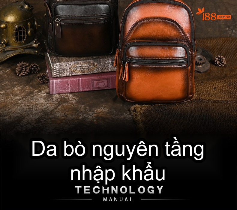 Túi Đeo Ngực/Đeo Chéo Nam Da Bò Thật Dung Tích Lớn Phong Cách Retro Màu Nâu, Đen chi tiết 2