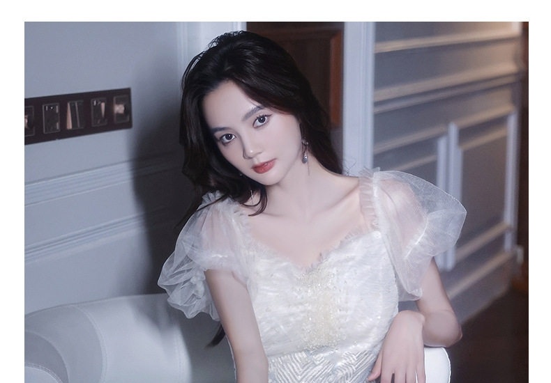 Váy Dạ Hội Nữ Dáng Dài Xòe Đuôi Cá Cao Cấp Màu Trắng, Hồng chi tiết 11