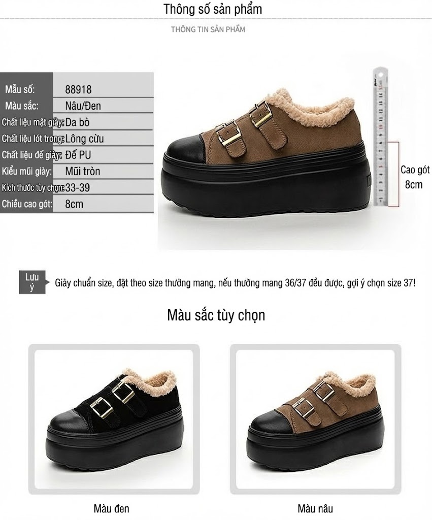 Giày Búp Bê Nữ Da Mờ Quai Dán Chiều Cao Đế 8cm Lót Lông Màu Đen, Nâu chi tiết 8