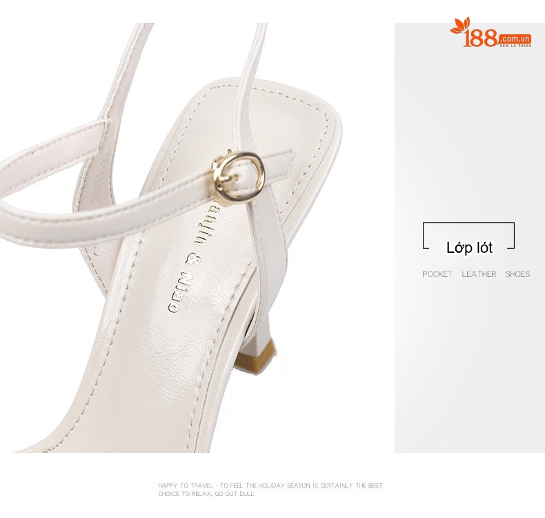 Giày Sandal Cao Gót Nữ Quai Ngang Mũi Vuông Đính Xích Gót Cao 8cm Màu Trắng, Kem, Đen chi tiết 4