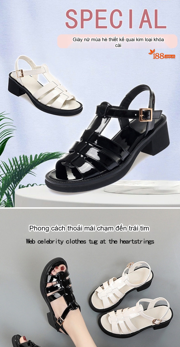 Dép Sandal Nữ Quai Dây Da Bóng Đế Cao 5cm - 6cm Màu Trắng, Đen chi tiết 1