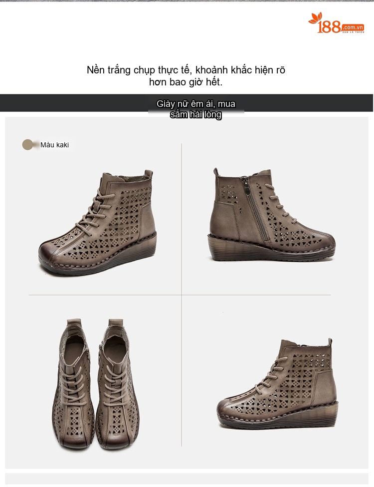 Boot Nữ Cổ Cao Da Mờ Khoét Lỗ Thoáng Khí Chiều Cao Đế Khoảng 4cm Màu Nâu, Xám chi tiết 16