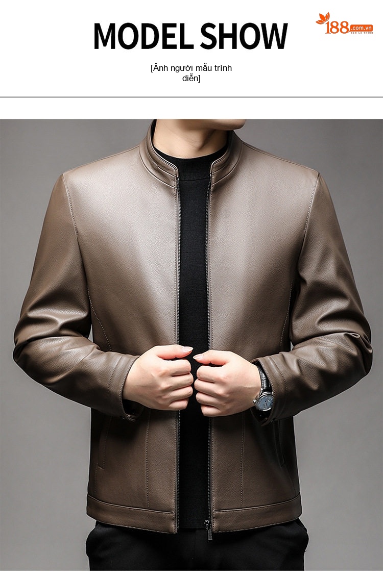 Áo Khoác Da Nam Da PU Cổ Trụ Khóa Kéo Màu Đen, Nâu, Xám chi tiết 8