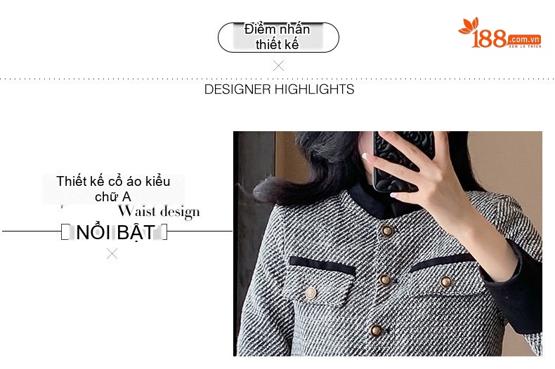 Set Áo Khoác Lửng và Chân Váy Ngắn Vải Tweed Phong Cách Tiểu Thư Màu Xám chi tiết 4