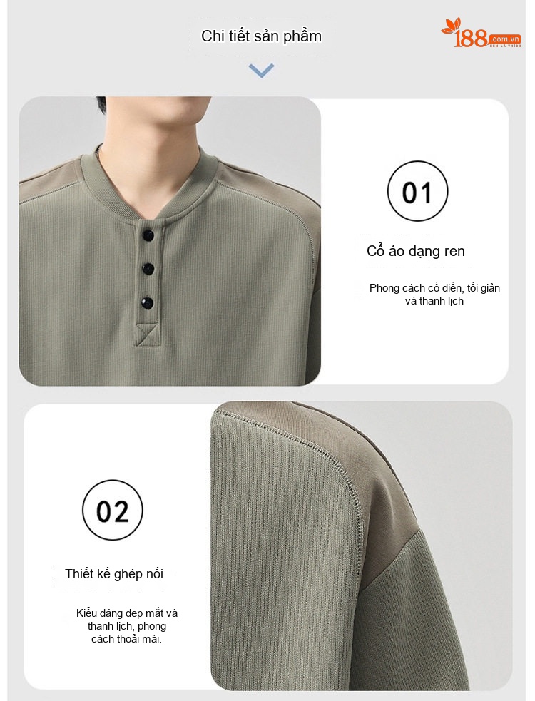 Áo Sweatshirt Tay Dài Cổ Henley Phong Cách Retro Mỹ Form Rộng Màu Đen, Xanh Olive, Đỏ Tía chi tiết 8
