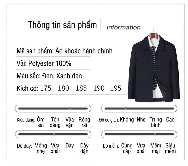 Áo Khoác Nam Mỏng Cổ Bẻ Khóa Kéo Phong Cách Trung Niên Màu Đen chi tiết 4