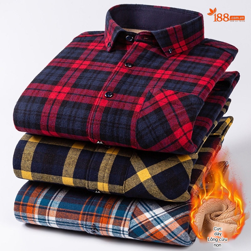 Áo Sơ Mi Nam Ca Rô Lông Cừu Non Cotton Dày Dặn Giữ Ấm Màu Đen, Đỏ, Xanh Dương, Xanh Lá...