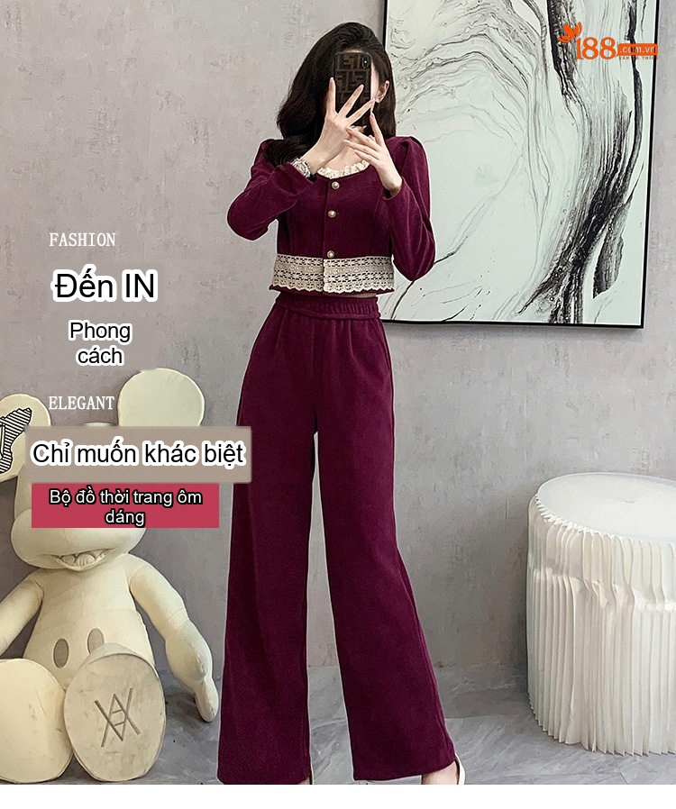Bộ Áo Khoác Ren và Quần Ống Rộng Nữ Phong Cách Thanh Lịch Màu Đỏ Rượu, Đen chi tiết 1