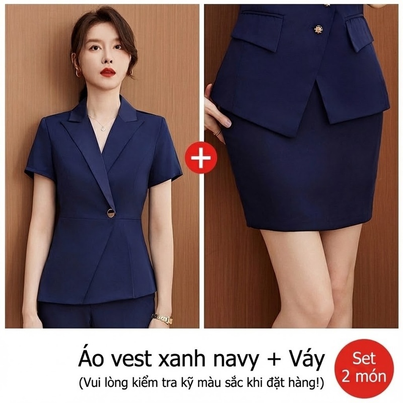Bộ Vest Công Sở Nữ Tay Ngắn Quần/Chân Váy Màu Xanh Navy, Xám, Đen